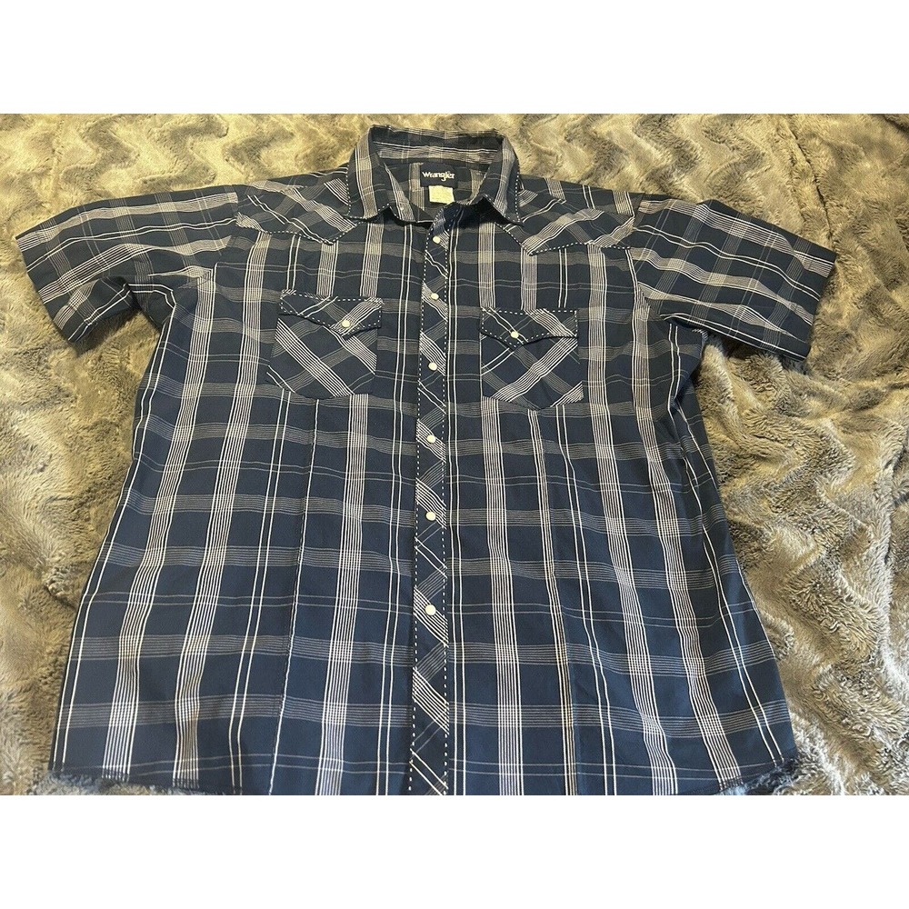 Wrangler Western Shirt Men’s XXL Blue Plaid Pearl Snap Short Sleeve Button Up